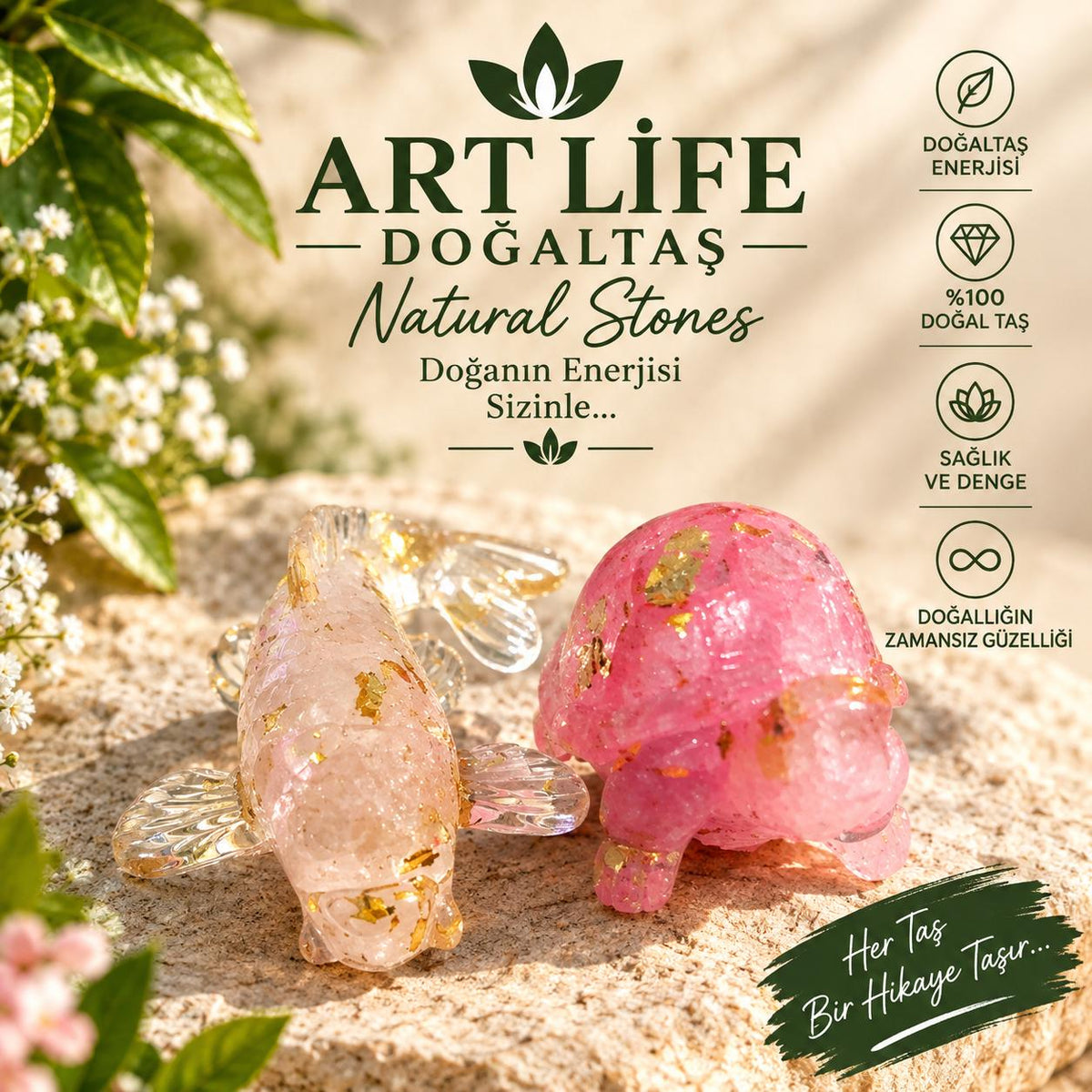 ART LİFE DOĞALTAŞ Natural Stones ikili  pembe kuvars kaplumba ve yunus baık