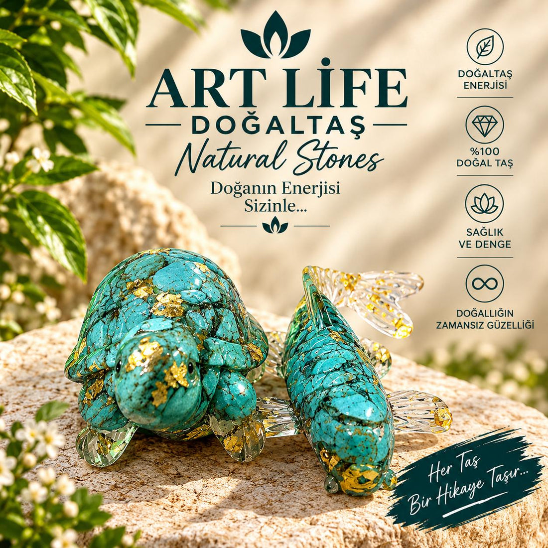 ART LİFE DOĞALTAŞ Natural Stones ikili  pembe kuvars turkaz ve yunus baık