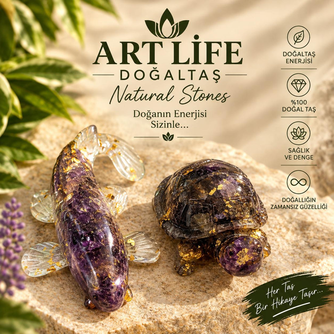 ART LİFE DOĞALTAŞ Natural Stones ikili  amatıst kaplumba   ve yunus baık